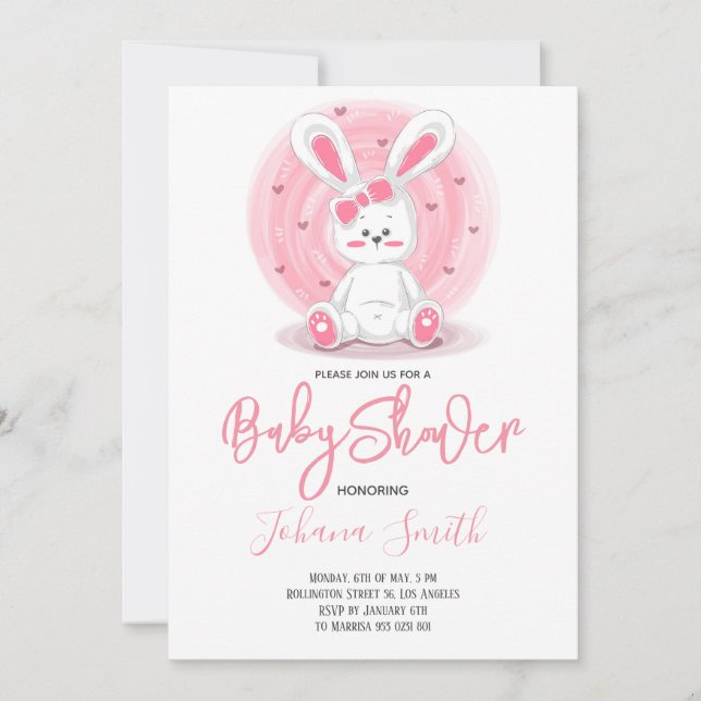 Convite para Chá de fraldas de coelho rosa-claro (Frente)