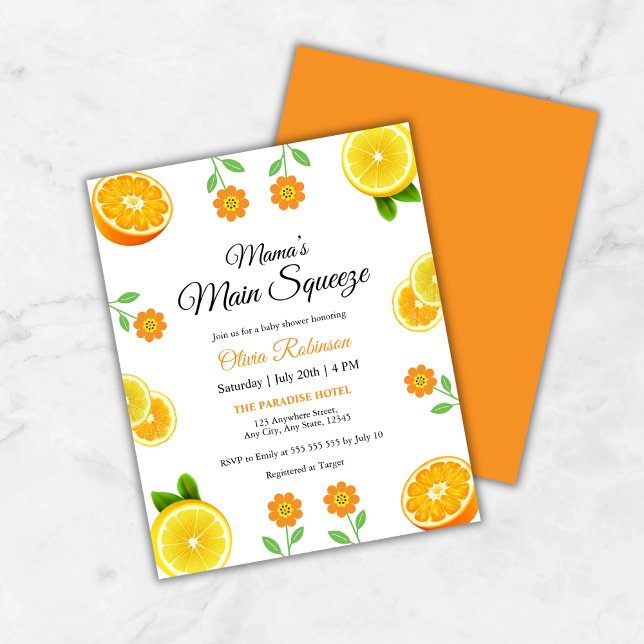Convite para Chá de fraldas de compressão principa (Budget Mama's Main Squeeze Orange Citrus Baby Shower Invitation )