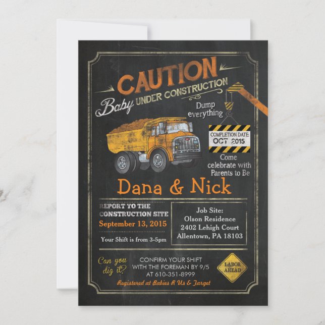 Convite Para Chá de fraldas De Construção (Frente)