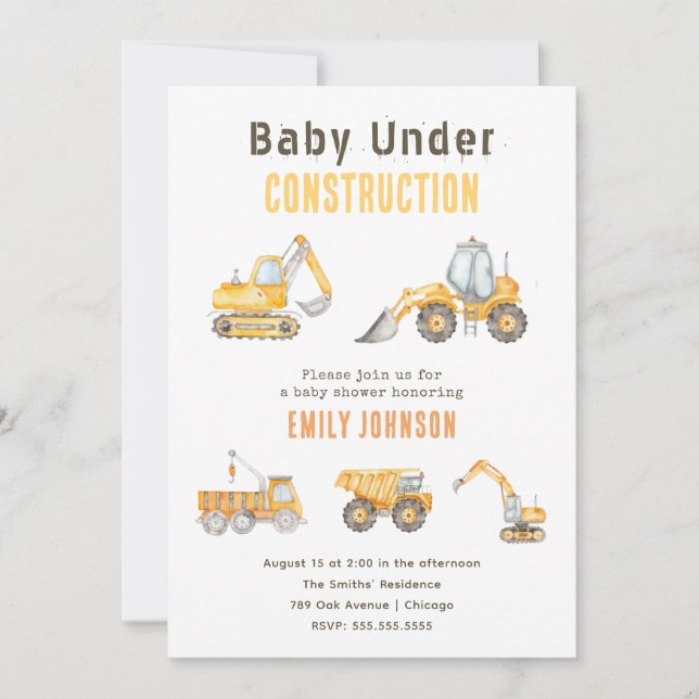 Convite para Chá de fraldas de Construção (Frente)
