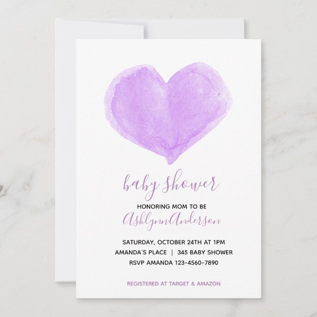 Convite para Chá de fraldas de Coração de Aquarela (Frente)