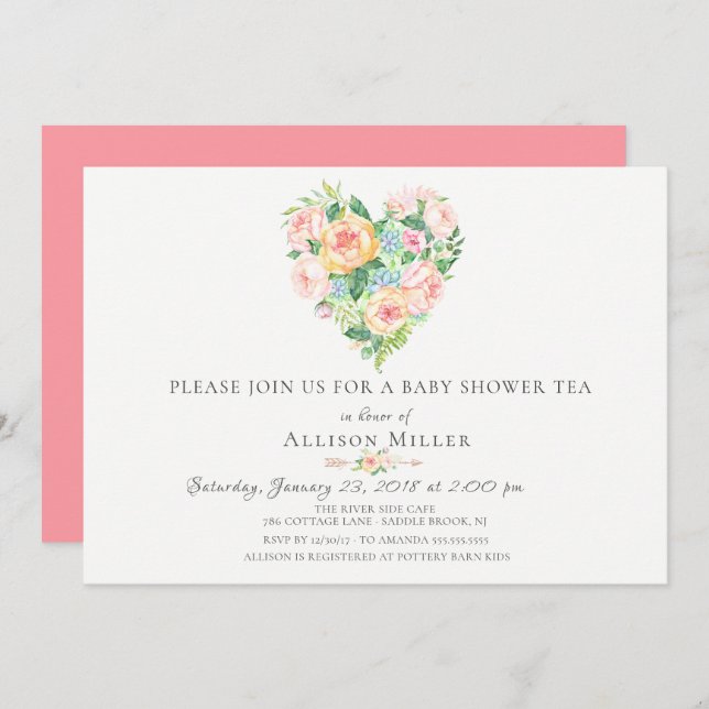 Convite para Chá de fraldas de Coração Floral de A (Frente/Verso)