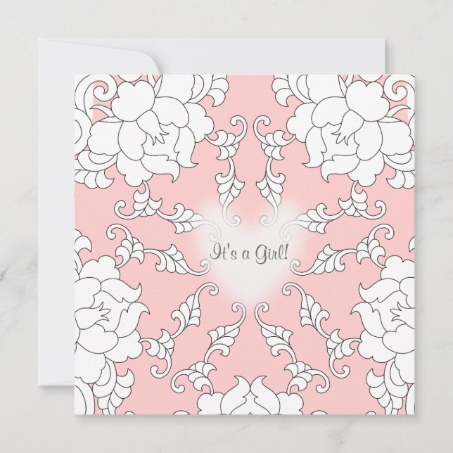 Convite para Chá de fraldas de Coração Floral Rosa (Frente)