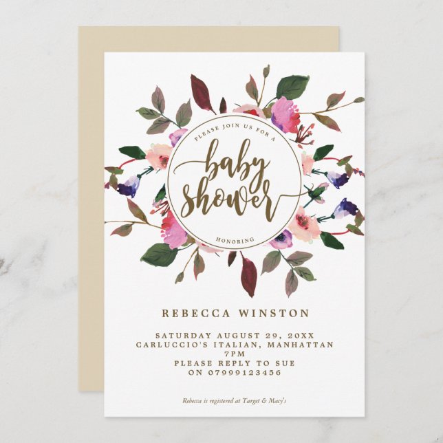 convite para chá de fraldas de coroa floral rosa p (Frente/Verso)