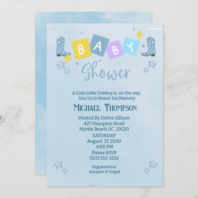 Convite para Chá de fraldas de cowboy de meninos l (Frente/Verso)