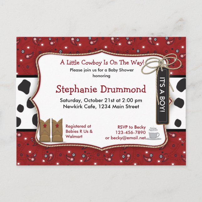 Convite para Chá de fraldas de cowboy em Red Banda (Frente)