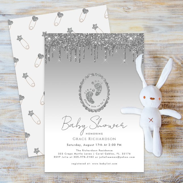 Convite para Chá de fraldas de Dissipador de Glitt (Baby Shower Silver Drips & Baby Footprint Invitation)