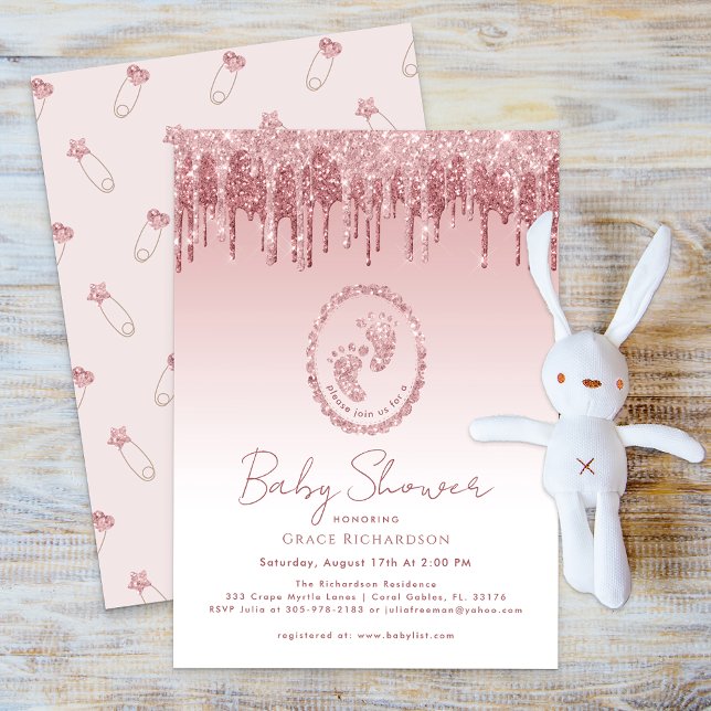 Convite para Chá de fraldas de Drives Luminter Ros (Pink Glitter Drips Baby Footprint Invite)