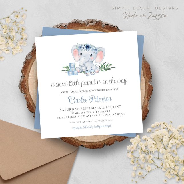 Convite para Chá de fraldas de Elefante Azul (Cute Elephant Baby Shower Invitation with Blue Floral Vintage Vibes, Script and Typography)