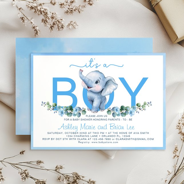 Convite Para Chá de fraldas De Elefante Azul Adorá (It's A Boy Baby Shower Invite)