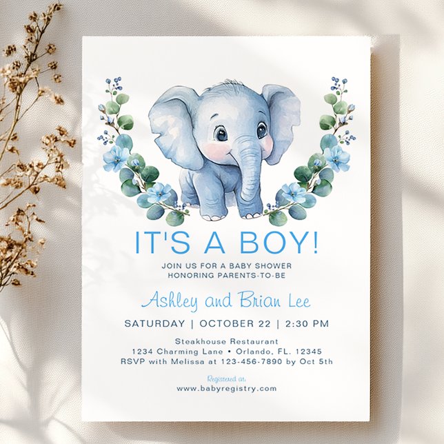 Convite para Chá de fraldas de Elefante Azul Cute  (Baby Shower Invitation)