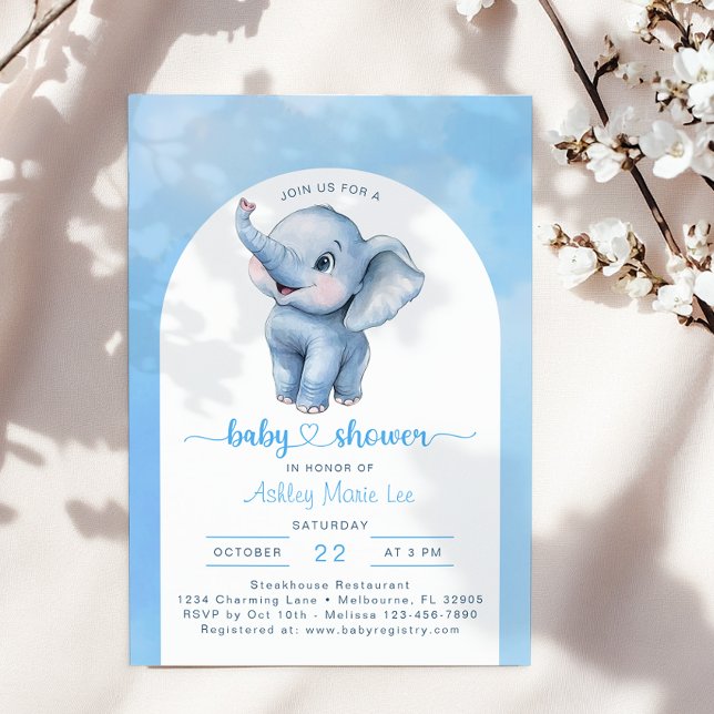 Convite para Chá de fraldas de Elefante Azul Whims (Blue Watercolor Baby Shower Invite)