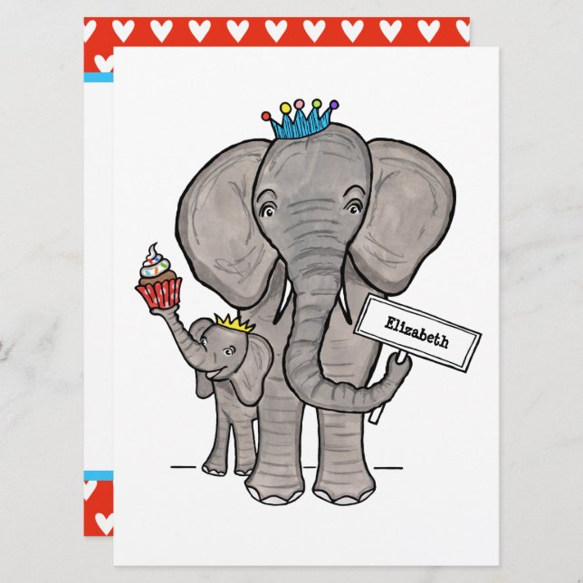 Convite para Chá de fraldas de Elefante Cute Perso (Frente/Verso)