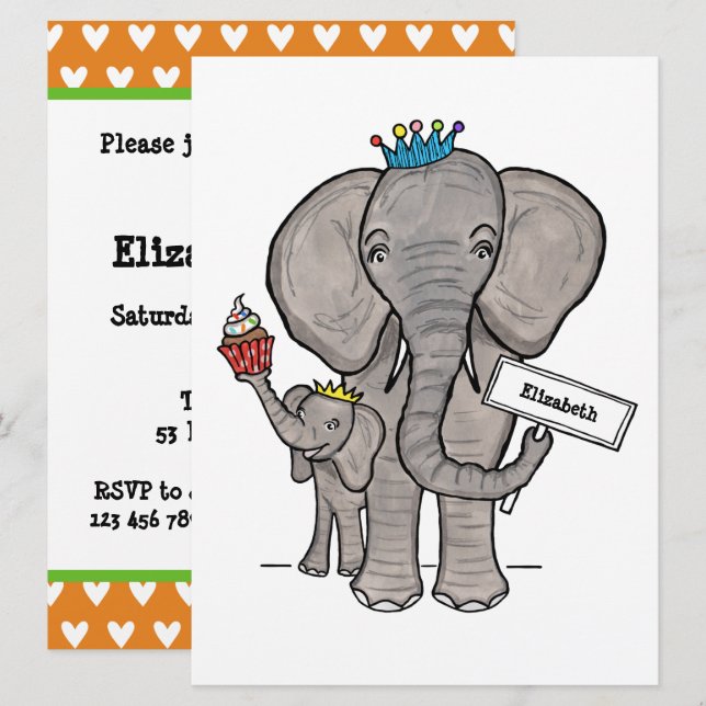 Convite para Chá de fraldas de Elefante Cute Perso (Frente/Verso)