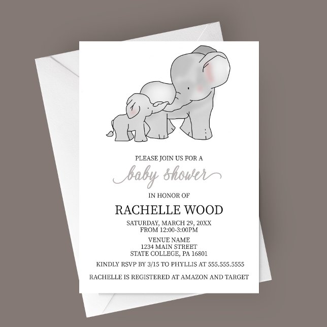 Convite para Chá de fraldas de Elefante de Aquarel (Watercolor Hand-drawn Elephant Baby Shower Invitation)