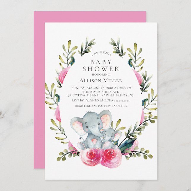 Convite para Chá de fraldas de Elefante Floral (Frente/Verso)