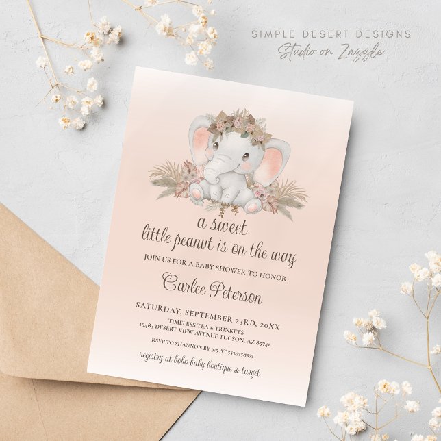 Convite para Chá de fraldas de Elefante Floral Boh (Blush Pink Boho Floral Elephant Baby Shower Invitation for Gender Neutral Boy or Girl Baby Shower)