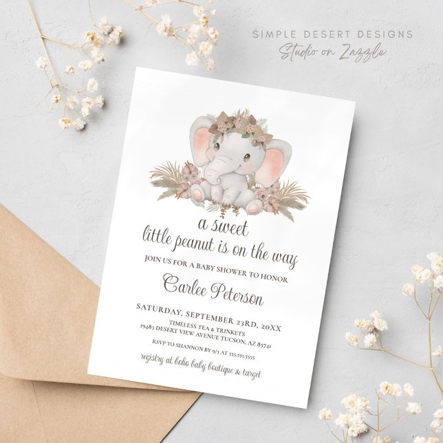 Convite para Chá de fraldas de Elefante Floral Chi (Cute Elephant Baby Shower Invitation with Boho Floral Pampas Grass Gender Neutral)