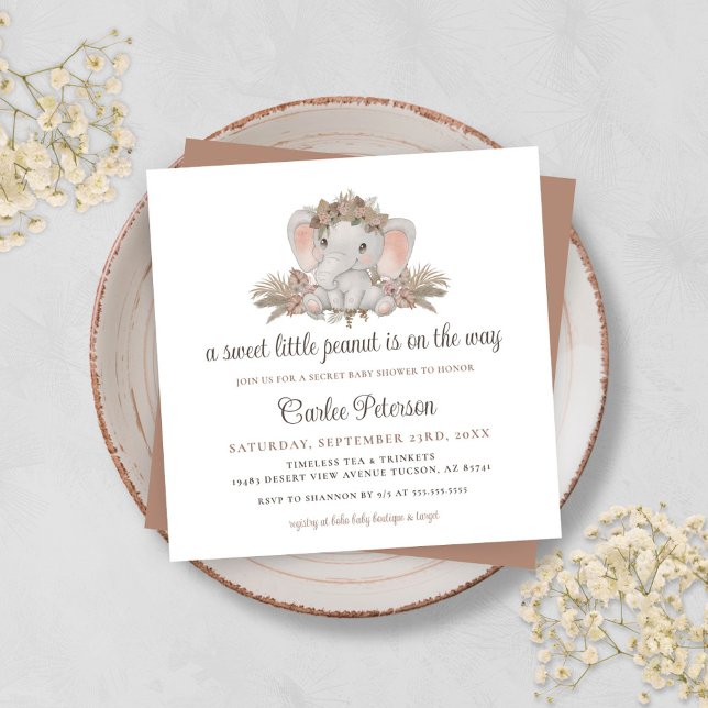 Convite para Chá de fraldas de Elefante Floral Cut (Unique Boho Baby Shower Invitation with Cute Elephant and Bohemian Floral with Pampas Grass)