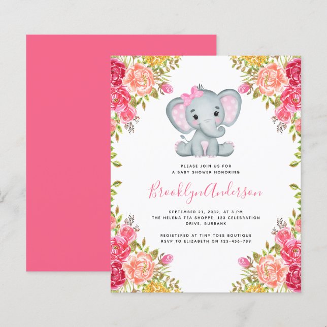 Convite para Chá de fraldas de Elefante Floral do  (Frente/Verso)