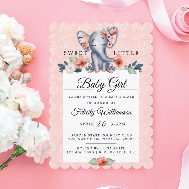 Convite para Chá de fraldas de Elefante Floral par (Baby Girl Floral Elephant Baby Shower Invitation)