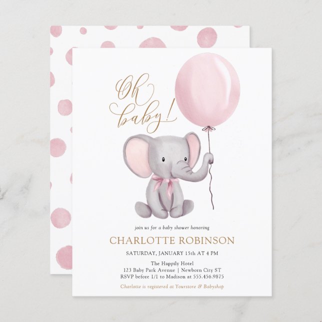 Convite para Chá de fraldas de Elefante Rosa de Or (Frente/Verso)