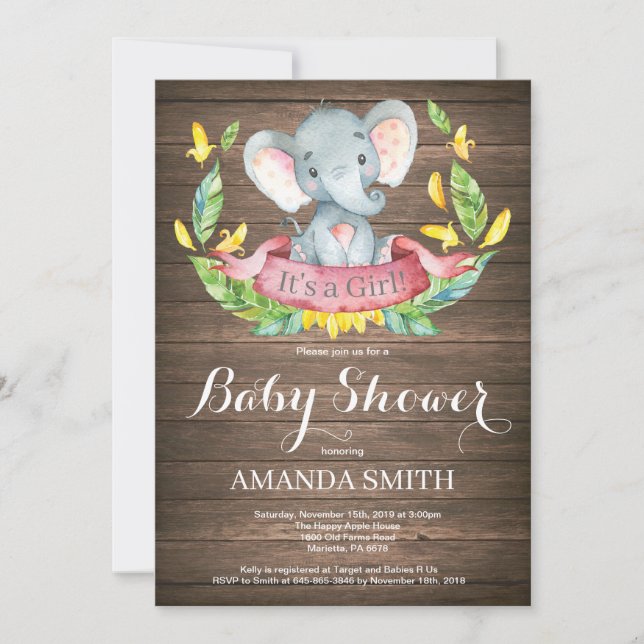 Convite para Chá de fraldas de Elefante Rustic Gir (Frente)