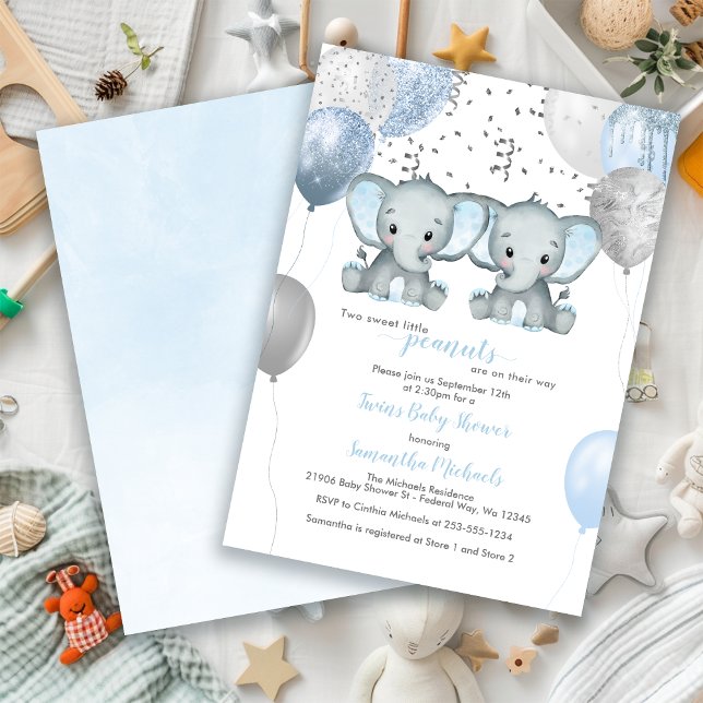 Convite para Chá de fraldas de elefantes gêmeos (Elephant Twin Boys Balloon Baby Shower Invitation)