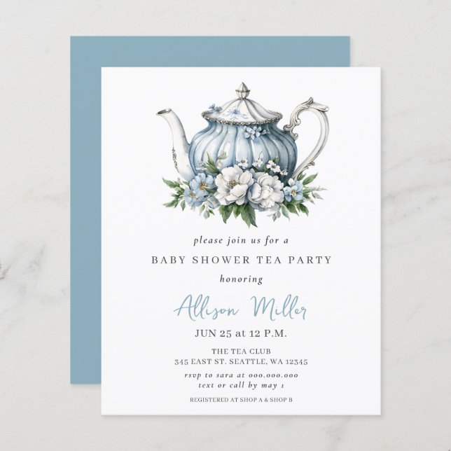 Convite para Chá de fraldas de Festa de Chá Azul (Frente/Verso)