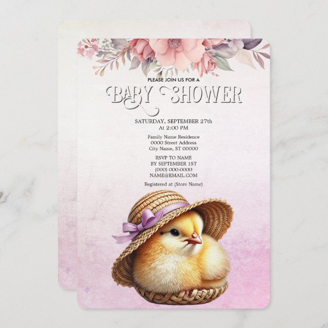 Convite para Chá de fraldas de Fita Rosa de Pequen (Frente/Verso)