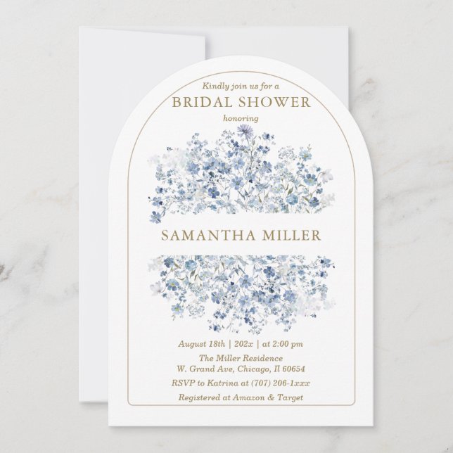 Convite para Chá de fraldas de flor selvagem azul  (Frente)