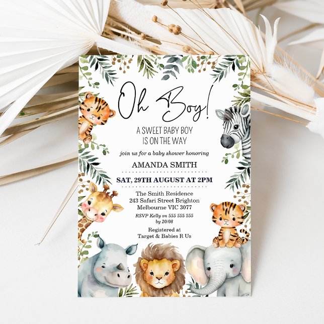 Convite para Chá de fraldas de Folhagem Safari (Safari themed baby shower invitation for a baby boy featuring seven cute jungle animals and foliage.)