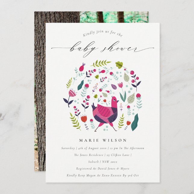 Convite para Chá de fraldas de Foto Floral Birdie  (Frente/Verso)