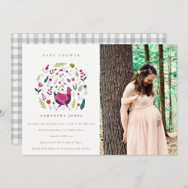 Convite para Chá de fraldas de Foto Floral Birdie  (Frente/Verso)