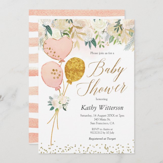 Convite para Chá de fraldas de Garota do Balão Ros (Frente/Verso)