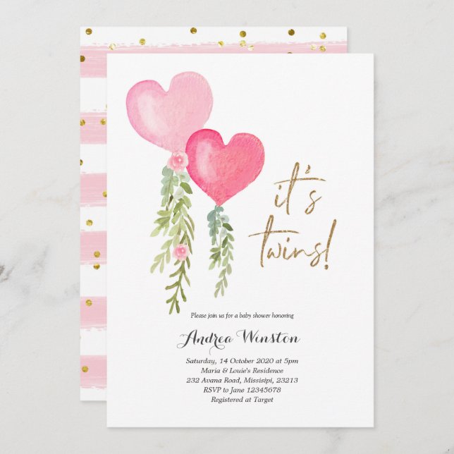 Convite para Chá de fraldas de Garota Gêmea Balão (Frente/Verso)