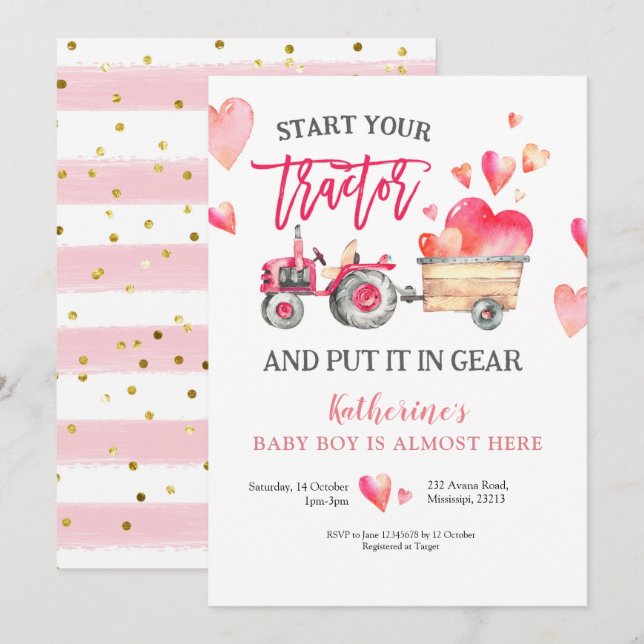 Convite para Chá de fraldas de Garota Trator Rosa (Frente/Verso)