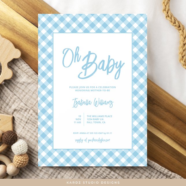 Convite para Chá de fraldas de Gingham Azul Modern (Invite shown in 5 x 7 inches, choose size, paper and corner style. Buy print or digital invitations.)
