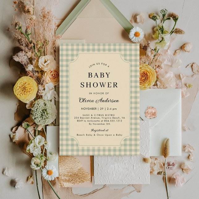 Convite para Chá de fraldas de Gingham Verde Moder (Modern Sage Green Baby Shower Invitation )