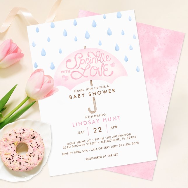 Convite para Chá de fraldas de guarda-chuva rosa (Sprinkle with Love Girl Baby Shower Invitation)