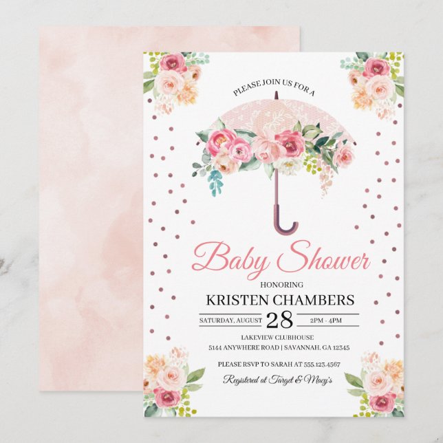 Convite para Chá de fraldas de Guarda-chuvas Flora (Frente/Verso)