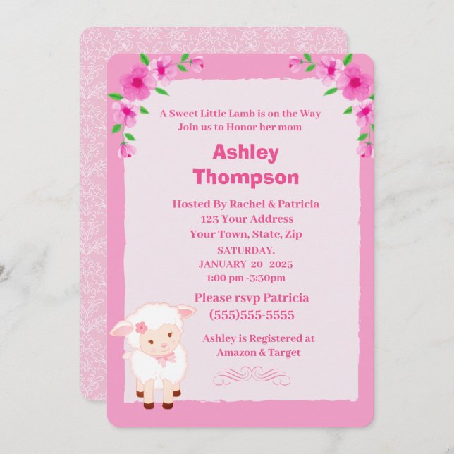 Convite para Chá de fraldas de Lamas Florais Cor-d (Frente/Verso)