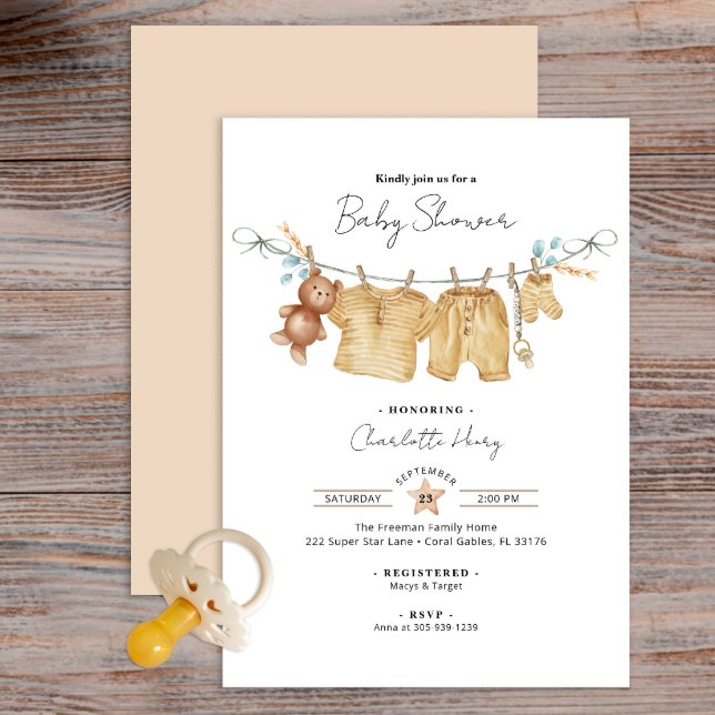 Convite para Chá de fraldas de Linha de Fechamento (Boho Clothesline Baby Shower Invite)