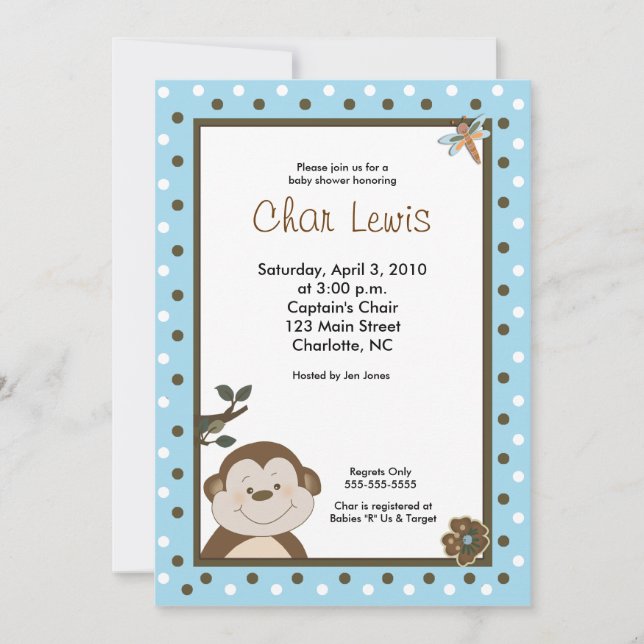 Convite para Chá de fraldas de macaco Bambino Azul (Frente)