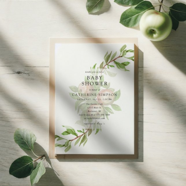 Convite para chá de fraldas de maçãs com aquarelas (apple orchard baby shower invitation. Watercolor apples arranged in a curve.)