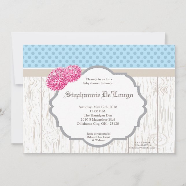 Convite para Chá de fraldas de madeira de flores d (Frente)