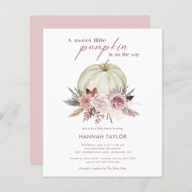 Convite para Chá de fraldas de Menina de Abóbora C (Frente/Verso)