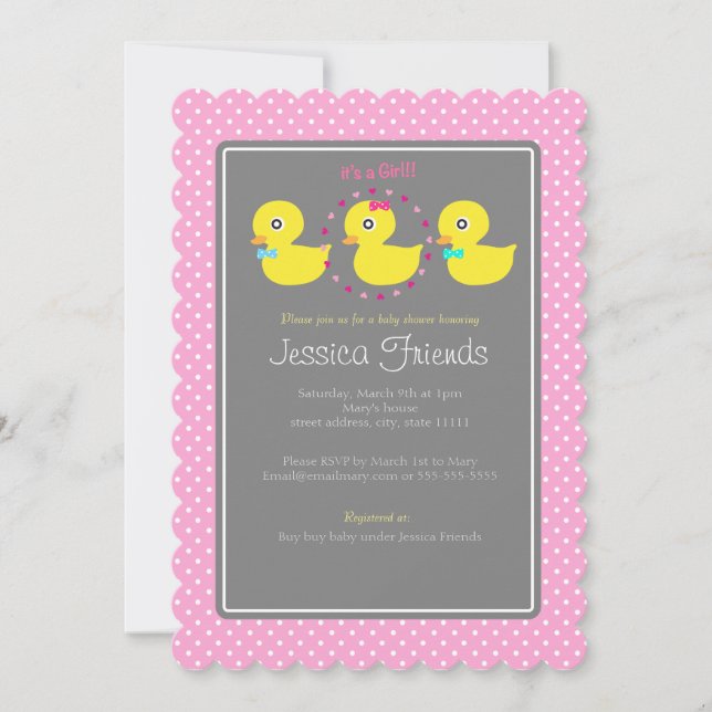 Convite para chá de fraldas de menina de pato (Frente)