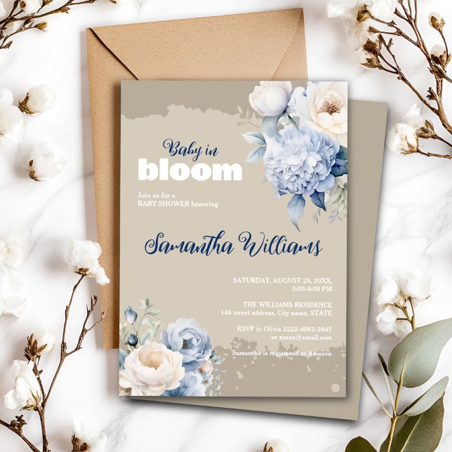 Convite para chá de fraldas de menina floral de ma (Blue and white roses and peonies floral watercolor baby shower invitation )