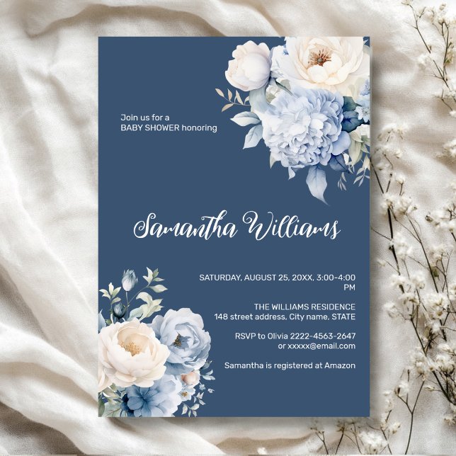 Convite para chá de fraldas de menina floral de ma (Dusty blue watercolor flowers peonies rustic gender neutral baby shower invitation )